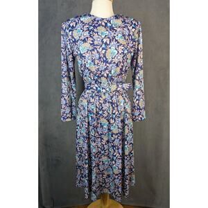 Tabby Of California Dress Small Blue Floral Polyester Belted Shoulder Buttons